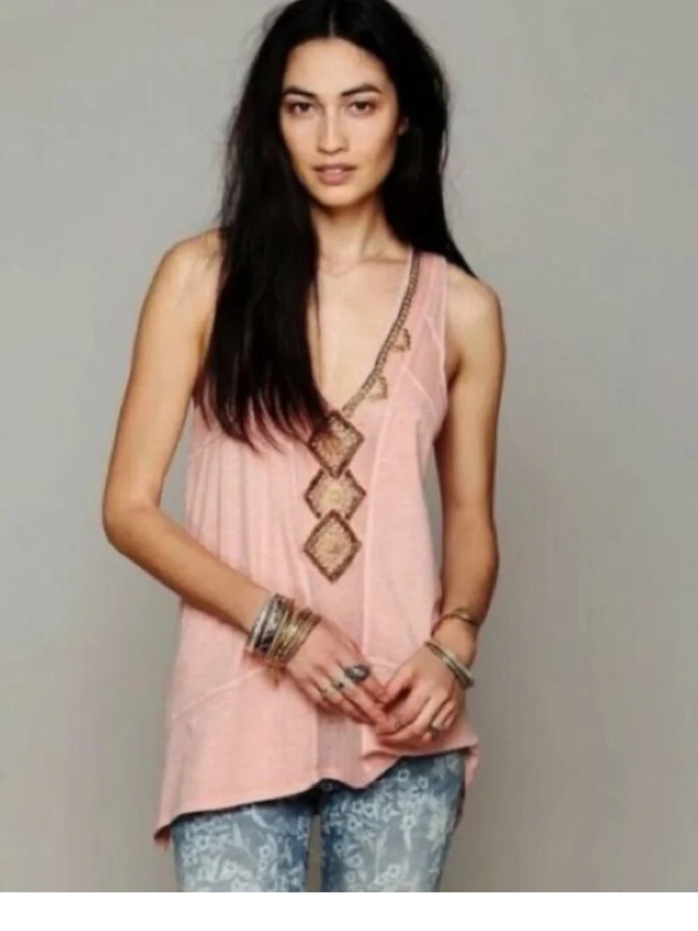 Peach/pink Free People ‘Focus on Center’ beaded v-neck tank top size MD - Picture 4 of 11